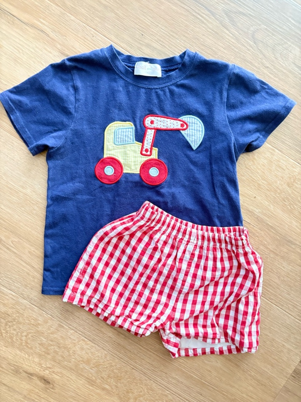 Cecil and Lou Boys Navy Excavator Applique T-Shirt and Red Gingham Shorts Set 4